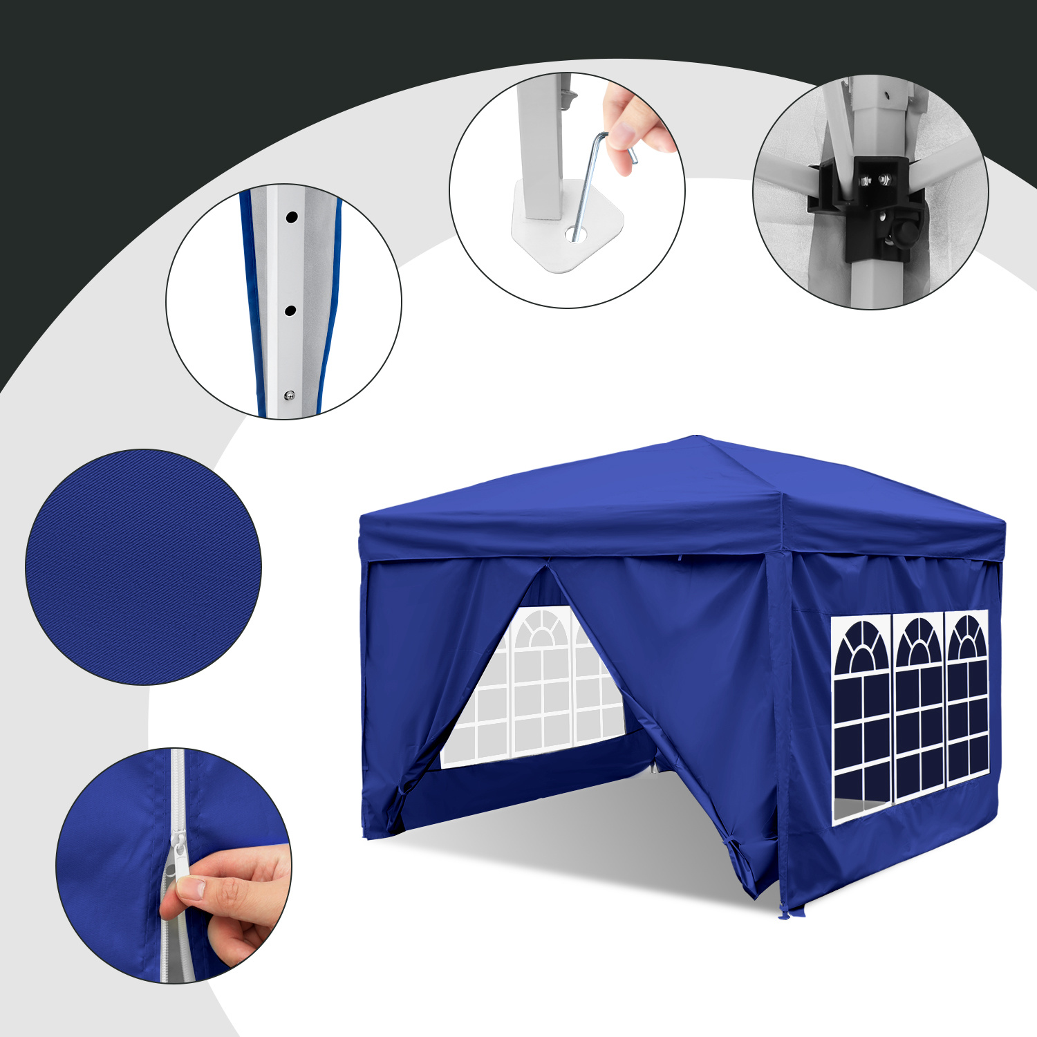 Randaco Pabellón De 3 X 3 M Con 4 Paneles Laterales, Pabellón Plegable Para Jardín, Altura Regulable, Con Bolsa De Transporte, Resistente Al Agua, Protección Uv, Carpa Pop-up Para Exteriores, Azul