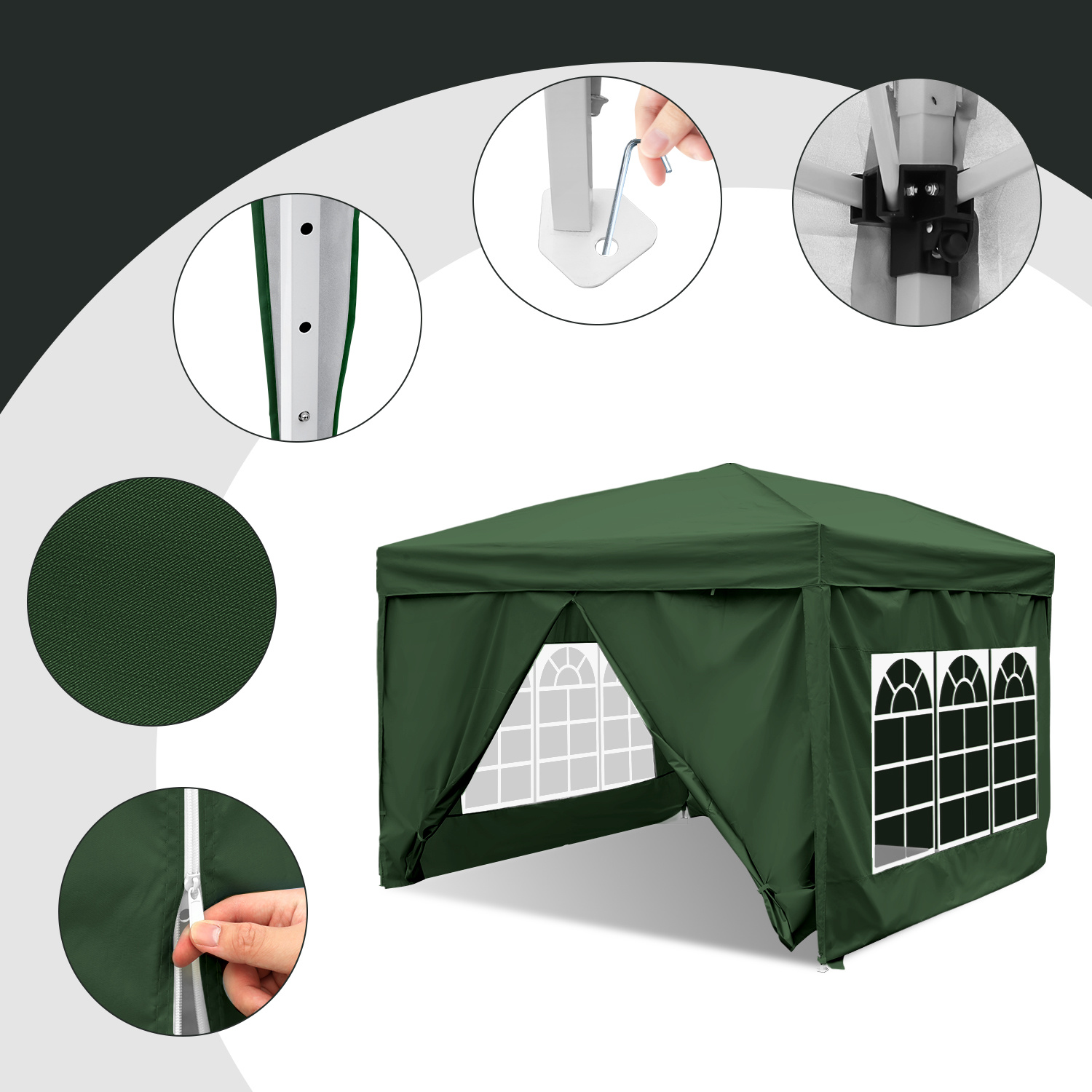 Randaco Pabellón Con 4 Paneles Laterales, Pabellón Plegable De 3 X 3 M, Pabellón De Jardín Regulable En Altura, Con Bolsa De Transporte, Resistente Al Agua, Protección Uv, Carpa Pop-up Para Exteriores