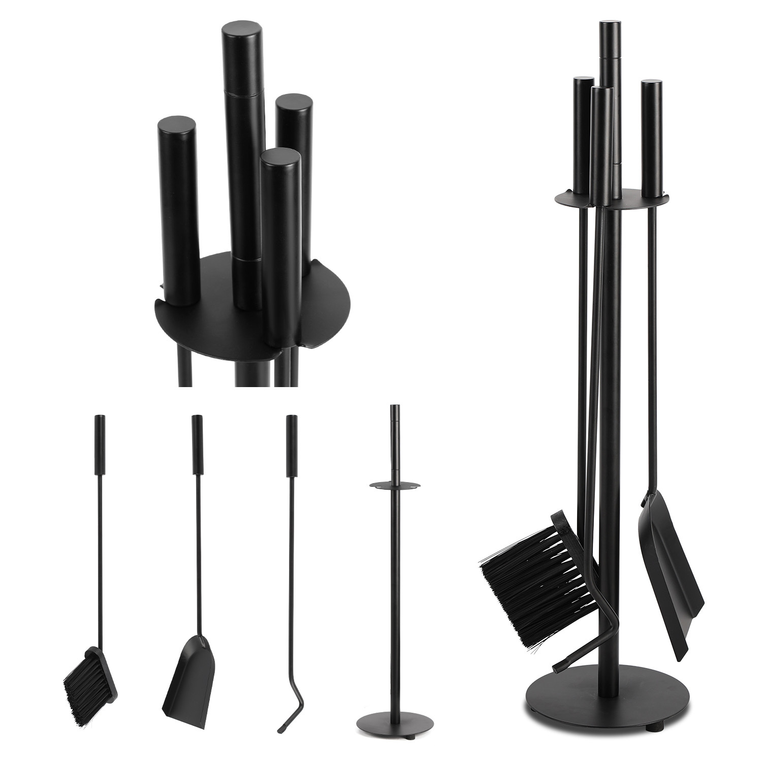 Randaco Kaminbesteck, 3-teilige Kamingarnitur Mit Schaufel, Besen, Schürhaken & Halter, Ofenbesteck Modern, Schwarz