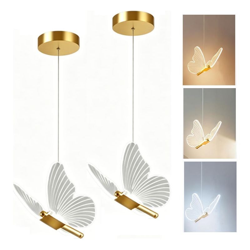 2 Goldene Schmetterlings-kronleuchter Mit Einem Kopf, Acryl-deckenleuchte, Led-kronleuchter, Dreifarbige Beleuchtung, Ideal Für Schlafzimmer, Wohnzimmer Und Küchen.