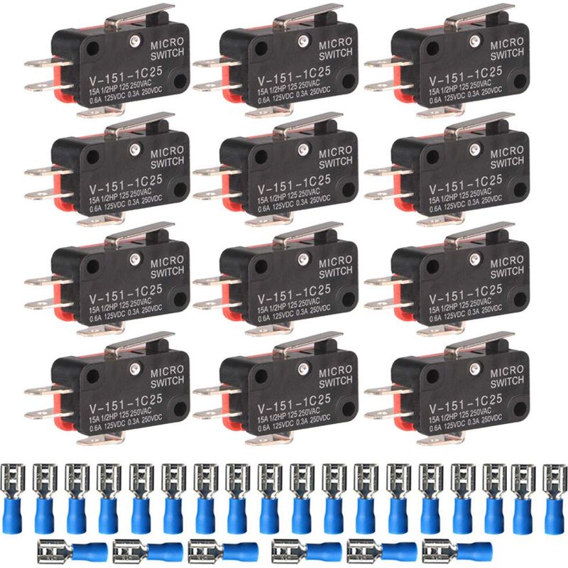 12 Stück 125v/250v 15a Mikro-miniatur-spdt-schnappschalter Mit Scharnierhebel Und 24 Stück Klemmen, V-151-1c25
