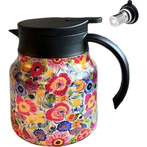 1 Isolierte Karaffe, Edelstahl, 800 Ml, Integrierter Filter, Blumenmuster, Für Zuhause, Büro