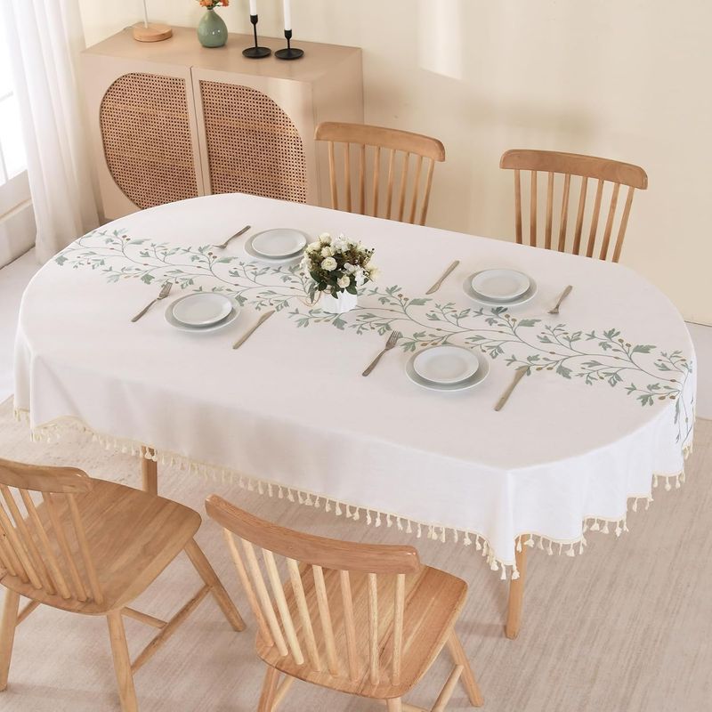 Ovale, Fleckenabweisende, Beige Tischdecke Aus Baumwoll-leinen-mischgewebe, Waschbar, Mit Fransen Und Grüner Blattstickerei, 140 X 180 Cm, Für Esstisch Oder Küche