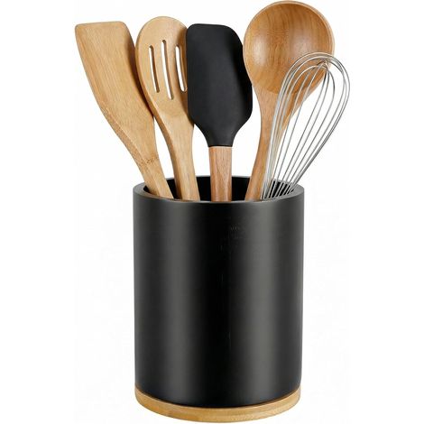 1 Küchenutensilienbehälter, 360° Drehbar, Bambus, Schwarz, 18,5 X 15,5 X 15,5 Cm, Aufbewahrung Für Die Arbeitsplatte