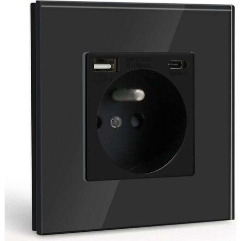 1 Französische Steckdosenleiste, Gehärtetes Glas 86x86 Mm, Usb + Typ-c, 250 V 16 A, Für Zuhause Und Büro