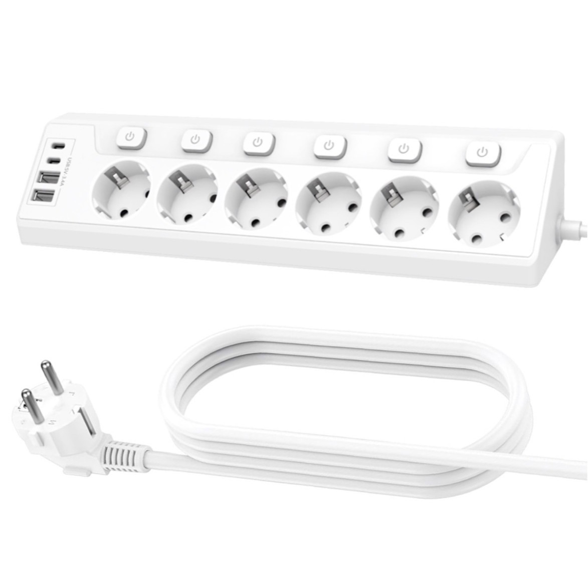 Ecksteckdosenleiste Mit Usb-anschlüssen, 6 Steckdosen, Tischsteckdosenleiste Mit Schalter, Multifunktionale Steckdosenleiste, 2 Usb-anschlüsse Und 2 Typ-c-anschlüsse, 10 In 1, Weiß.