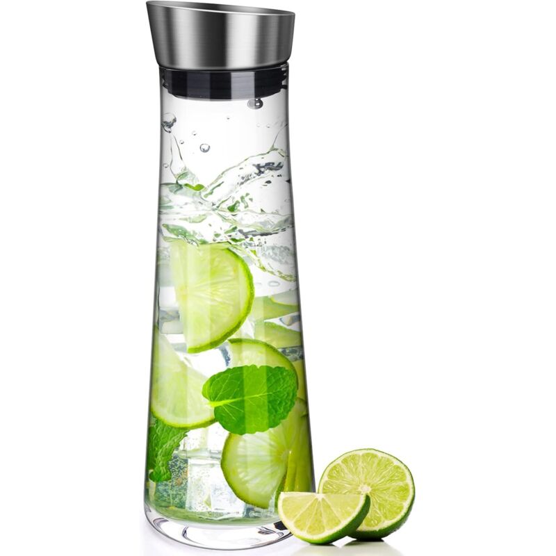 Glaskaraffe, 1-liter-glaskaraffe Mit Antihaftbeschichtung Und Edelstahl-klappdeckel Für Wasser, Milch, Saft Und Limonade