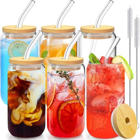 Set Mit 6 Gläsern, 473 Ml, Bambusdeckel, Glasstrohhalm, Silikondichtung, Für Selbstgemachten Kaffee/cocktail