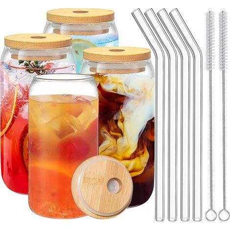 4er-set Kaffeetassen, Glas, Bambusdeckel, Glasstrohhalm, 473 Ml, Für Zuhause