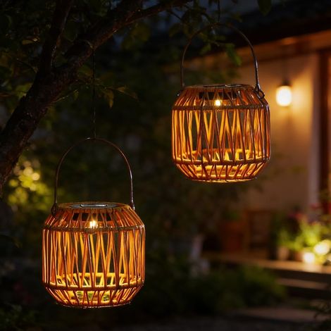 Hovceh Solar-stehleuchte Für Den Außenbereich, 2-teiliges Solar-laternen-set Für Garten, Handgestrickte Solarlampen, Ip44 Hänge-solarlaterne Für Terrasse, Hof Und Balkon (f)