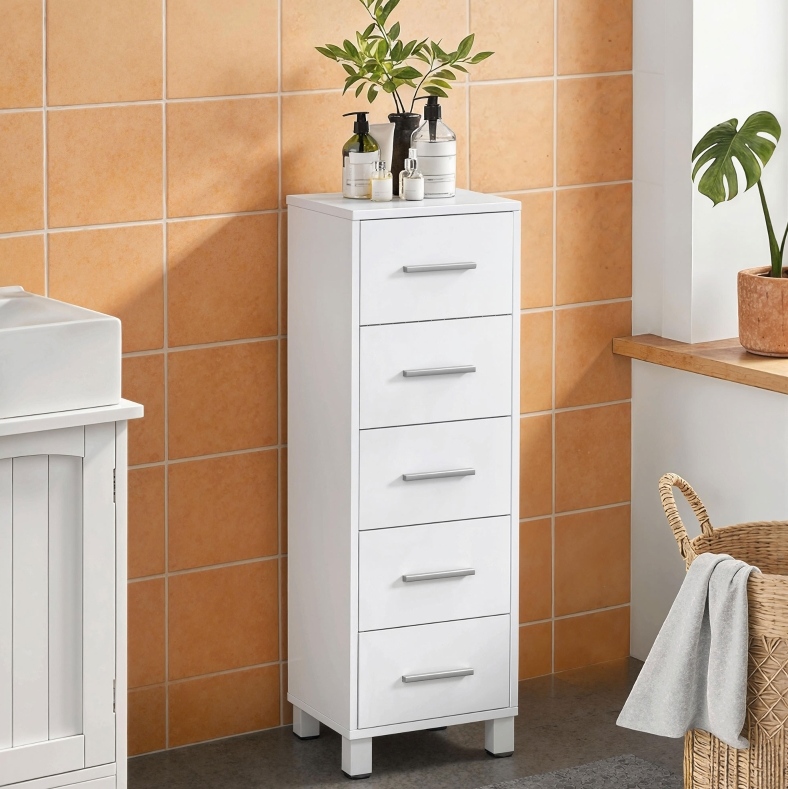 Badezimmerschrank Holz Weiß 30x30x95 Cm, Schmaler Hochschrank Mit 5 Schubladen