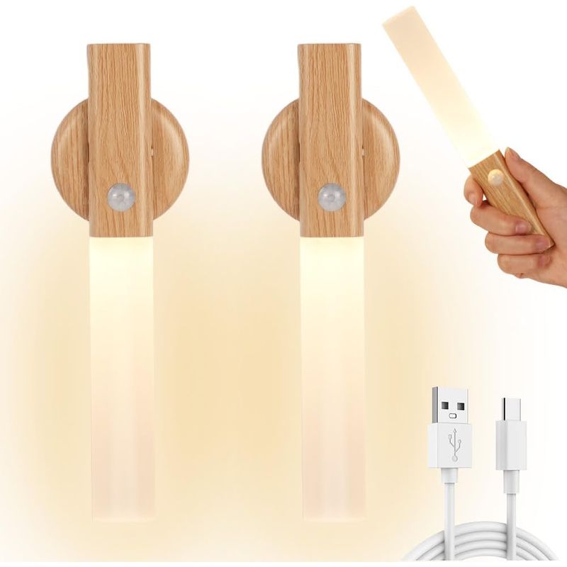 2er-set Wandleuchten Aus Holz Mit Bewegungsmelder, Wiederaufladbare Wand-nachtlichter Für Den Innenbereich, Kabellose Wandlampen, Magnetische Nachttischlampen Für Treppenhaus, Schlafzimmer, Flur, Kreu