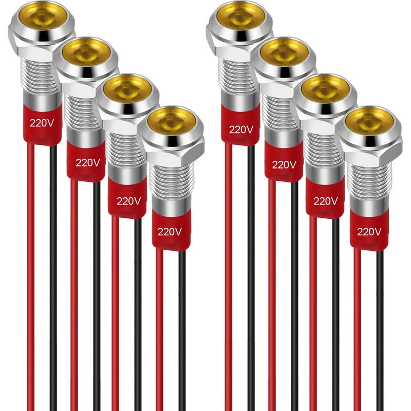 8 Stück 6-mm-led-anzeigeleuchten, 220–230 V, Wasserdicht, Für Metalleinbau, Flachkopf Mit Kabeln, Silbernes Gehäuse, Gelb