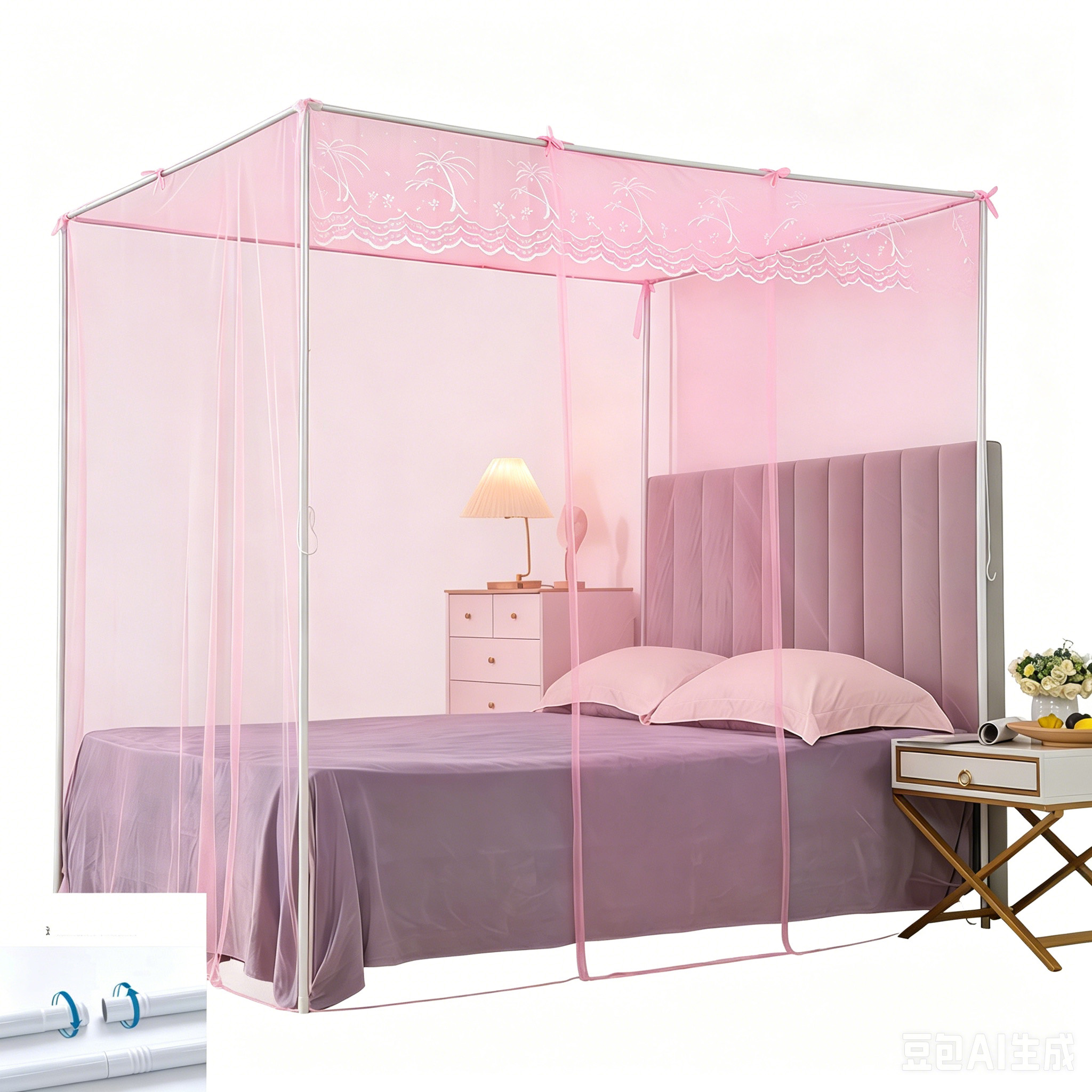 Rosa Betthimmel Und Moskitonetz Mit Metallrahmen, 150 X 200 Cm, Bettvorhang, Ultrafeines Netzgewebe, Insektenschutznetz Mit Ständer