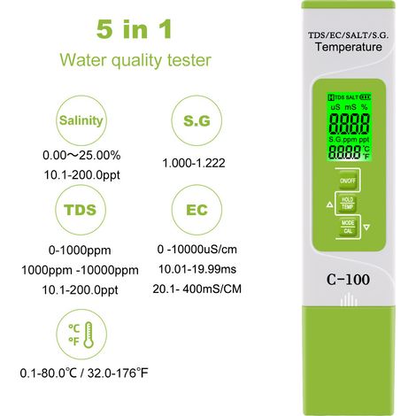 Digitales 5-in-1-wasserqualitätsmessgerät: Misst Tds/ec/salzgehalt/dichte/temperatur. Hochpräzise Tests Für Trinkwasser, Schwimmbäder Und Andere Aquatische Umgebungen.