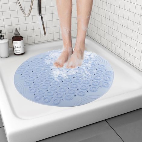 Rutschfeste Duschmatte 55 X 55 Cm, Rund, Badezimmermatte Mit Abflusslöchern Und Saugnapf, Blau