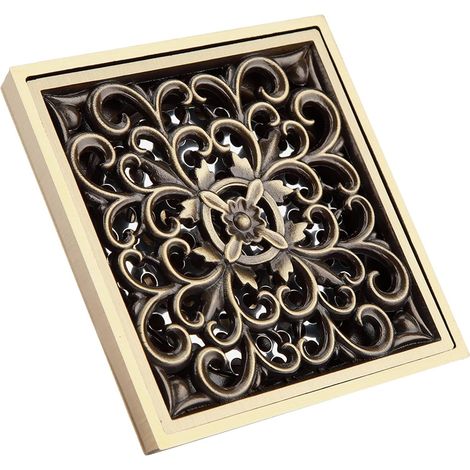 Bodenablauf, 10 Cm Quadratischer Duschrost Aus Antikem Messing Mit Unsichtbarer Optik (1)
