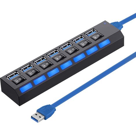 Usb-mehrfachverteiler, 7-port-usb-3.0-hub, Usb-a-datenhub Mit Separatem Ein-/ausschalter Und Led-anzeigen Für Computer