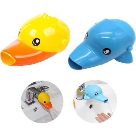 Set Mit 2 Kindgerechten Verlängerungskabeln (gelbe Ente/blauer Delfin), Wasserhahnverlängerung, Spülbeckengriffverlängerung, Für Babys Und Kinder