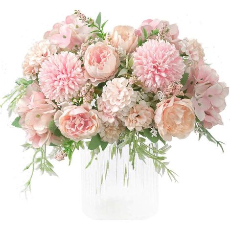 Hellrosa Künstliche Blumen, Strauß Aus 7 Seidenbestickten Pfingstrosen, Künstliche Nelken, Realistisches Blumenarrangement Zur Tischdekoration