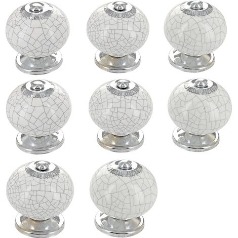 Set Mit 4 Runden Keramik-schubladengriffen Für Schränke, Im Bohème-stil, Retro-finish Und Mit Craquelé-effekt, Weiß