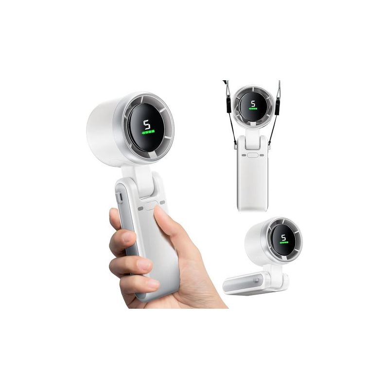 Faltbarer, Tragbarer Handventilator Mit Usb-c-schnellladefunktion, 5 Geschwindigkeitsstufen, Kabel, Zum Umhängen, Weiß