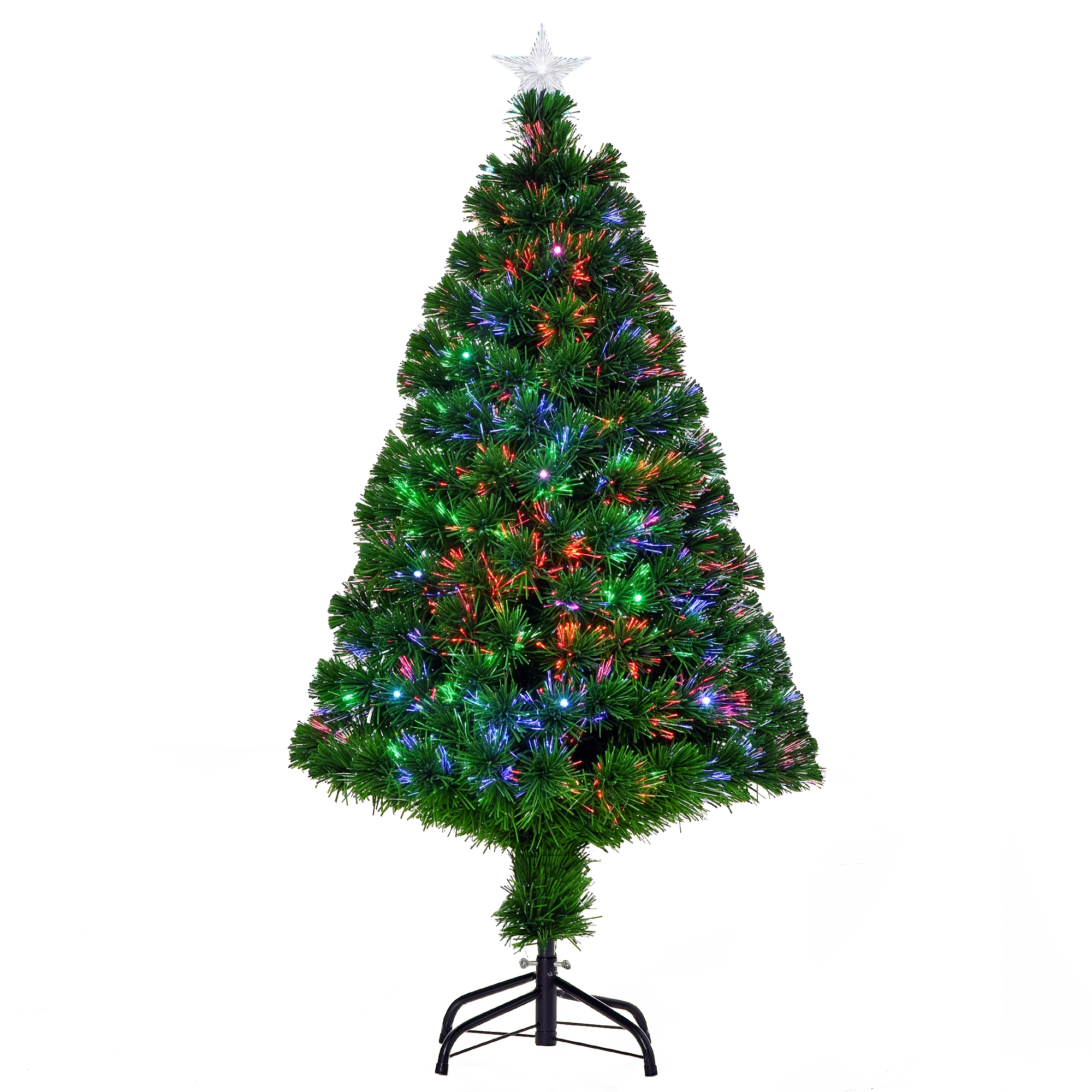 Künstlicher Weihnachtsbaum Mit Lichterkette, 120 Cm Hoch, Mehrfarbige Led-lichtleiter + Ständer, 130 Zweige, Sternspitze, Leuchtend Grün