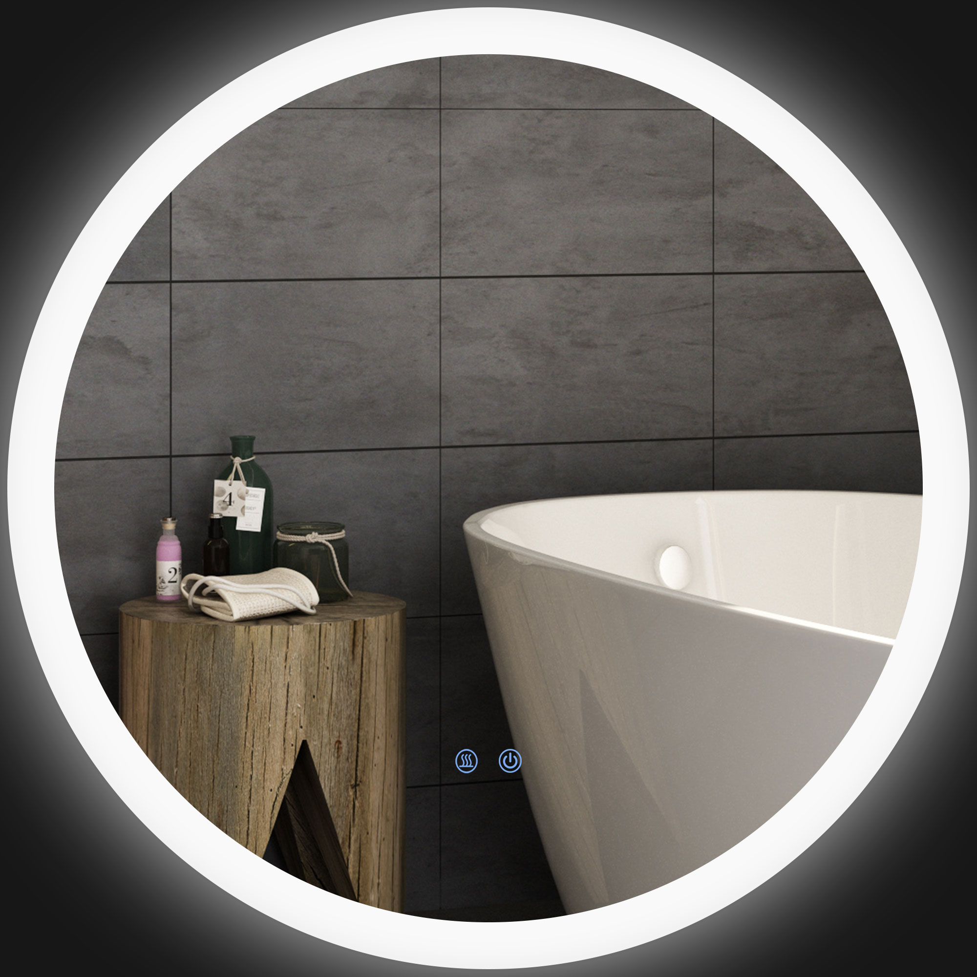 Runder, Led-beleuchteter Badezimmerspiegel Ø 70 Cm, Wandmontage, Berührungsschalter, Antibeschlagsystem, 35 W, Weiß/silber