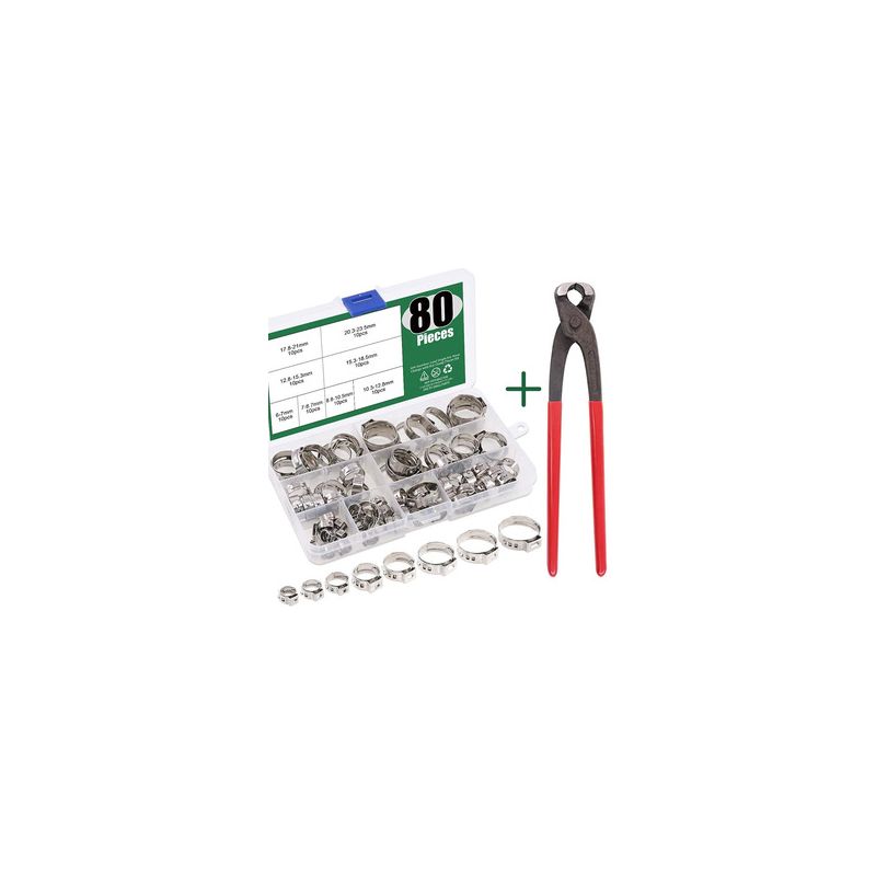 Packung Mit 80 Schlauchschellen Ohne Ösen – Crimpzange Und Edelstahlbänder – Für Gartenschläuche, Kühler Oder Turbolader Von Kraftfahrzeugen