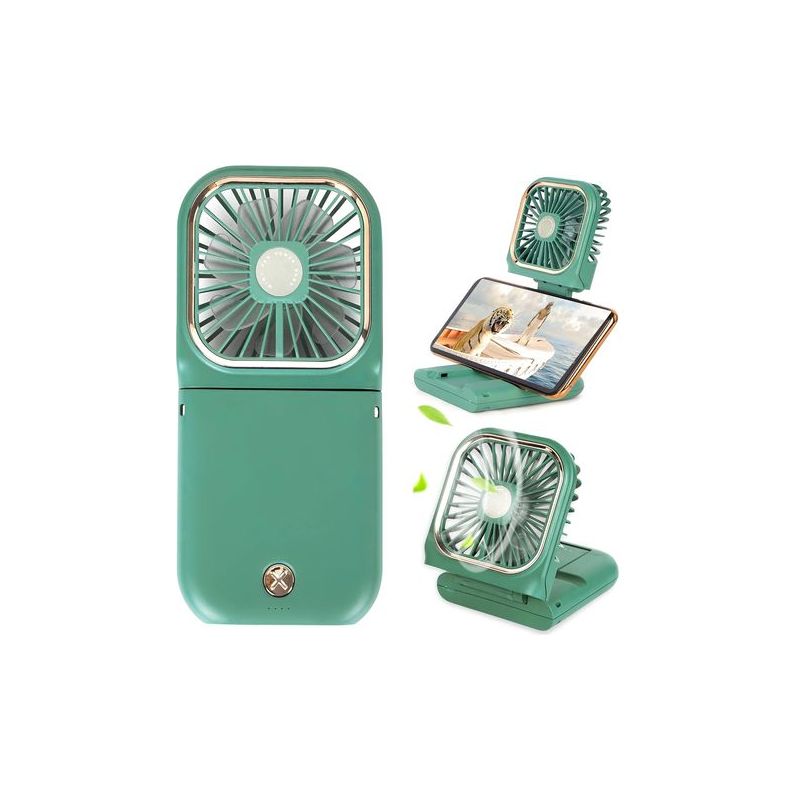 Mini-tragbarer Ventilator – 5-in-1 Mit Handyhalterung, Tischventilator, Usb-aufladung, 3000-mah-powerbank, 3 Geschwindigkeitsstufen, Tragegurt, Grün