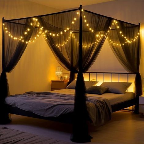Schwarzes Moskitonetz-bettbaldachin Mit Led-sternenlichterkette, Vier Ecken, Elegant – 190×210×240 Cm.