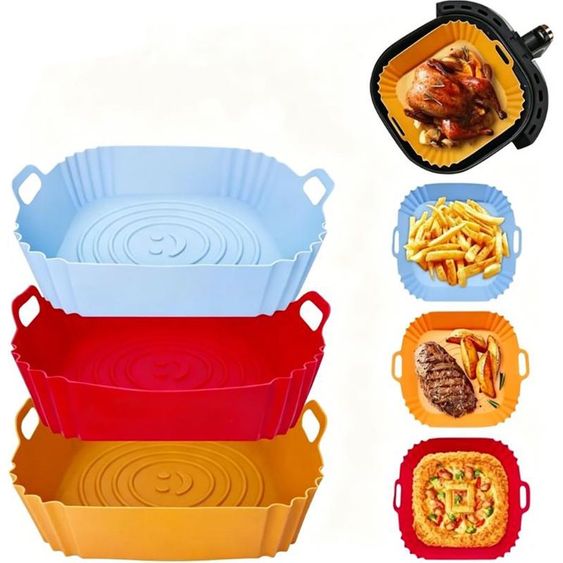 6er-set Quadratische Silikonformen Für Heißluftfritteuse, Wiederverwendbare Einlage Mit Smiley-motiv, Geeignet Für Heißluftfritteuse, Backofen Und Mikrowelle, Blau, Rot, Orange