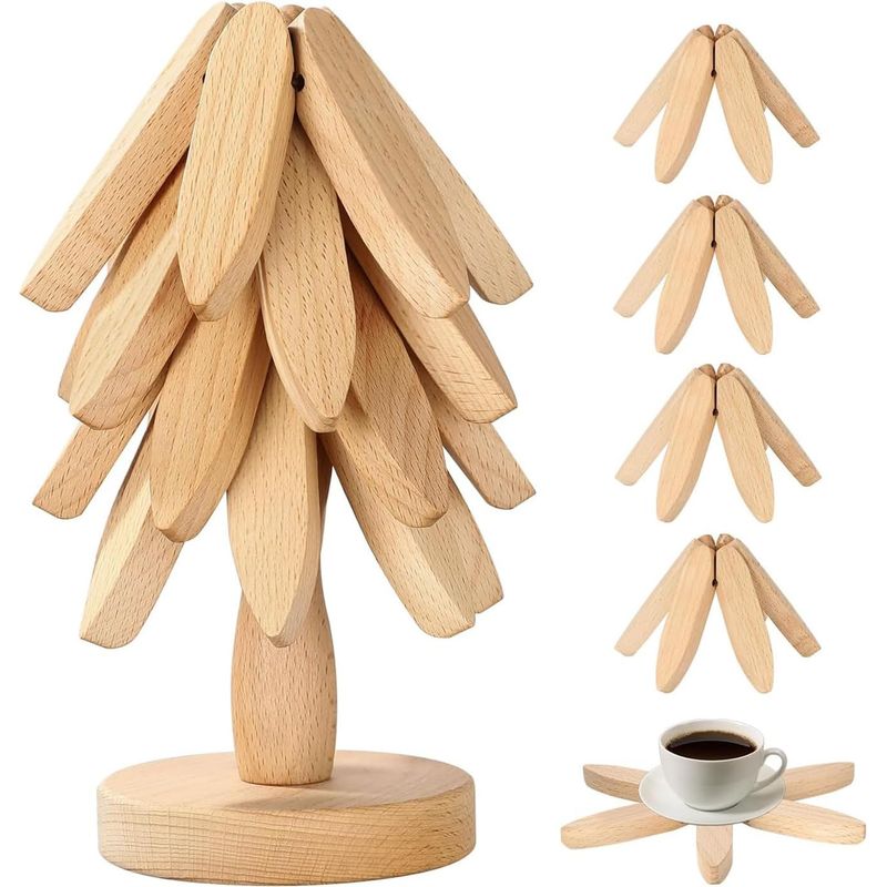 Untersetzer Aus Holz, Baum-design, Topfmatte, 5er-set, Faltbare, Hitzebeständige Untersetzer In Natürlicher Baumform Für Töpfe Und Heiße Speisen (gelb)