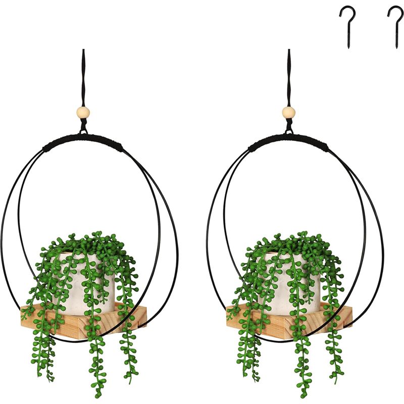 Set Mit 2 Makramee-pflanzenampeln, 107 Cm, Blumentopfhalter Mit Holzsockel Und Haken, Dekoration Für Drinnen Und Draußen