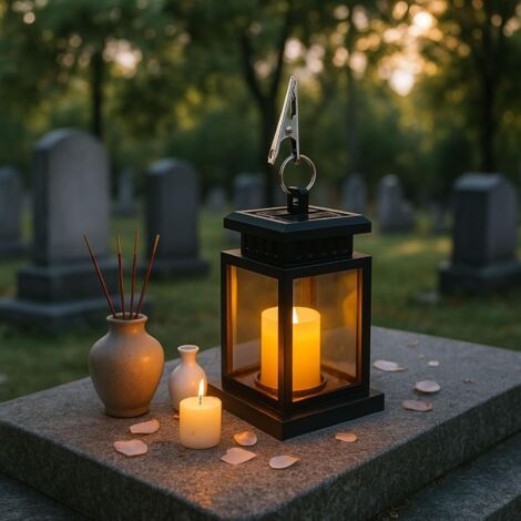 1 Solarbetriebene Trauerlaterne, Schwarzer Kunststoff, Blinkende Led, Für Friedhof Und Grab
