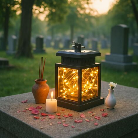 1 Solarbetriebene Trauerlaterne, Schwarzer Kunststoff, Blinkende Gelbe Led, Für Friedhof Und Garten