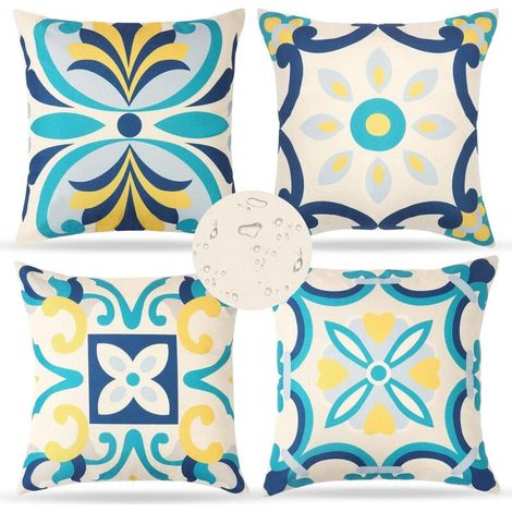 4er-set Wasserdichte Outdoor-kissen, 45 X 45 Cm, Kissenbezüge Mit Blauem Blumenmuster, Boho-gartenkissen, Dekokissen, Kissenbezüge Für Balkon, Wohnzimmer, Terrasse, Garten
