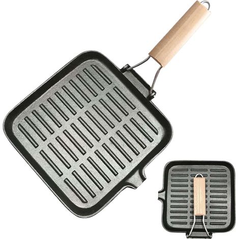 1 Grillpfanne Aus Gusseisen, 20 X 20 Cm, Geriffelte Oberfläche, Klappgriff, Ausgießer, Induktionsgeeignet