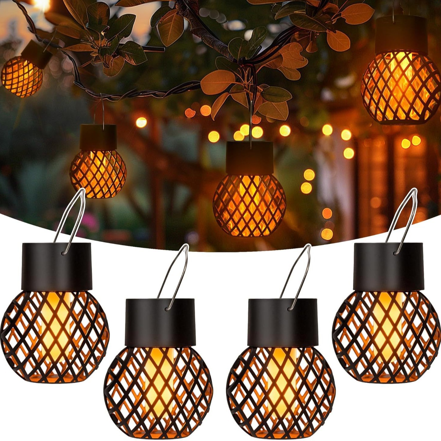 Vier Solarbetriebene Außenpendelleuchten Mit Perforiertem Led-flammenmuster Wasserdichte Dekorative Pendelleuchten, Geeignet Für Die Dekoration Von Garten, Bäumen, Terrasse Und Patio.