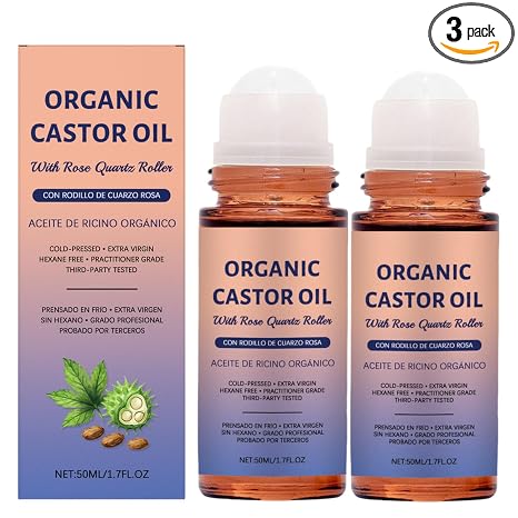 Dieses 3er-pack Bio-rizinusöl-roll-ons Enthält Je 50 Ml Der Ätherischen Öle Und Einen Rosenquarz-roll-on. Es Besteht Aus 100 % Reinem, Kaltgepresstem Und Hexanfreiem Rizinusöl Und Eignet Sich Für Haar