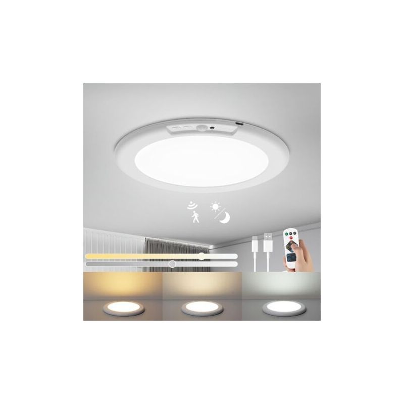 Paar Kabellose Led-deckenleuchten (6000 Mah) Mit Fernbedienung – Bewegungsmelder – Ø19 Cm, Dimmbar 3000 K–6500 K, Für Treppen Und Garagen