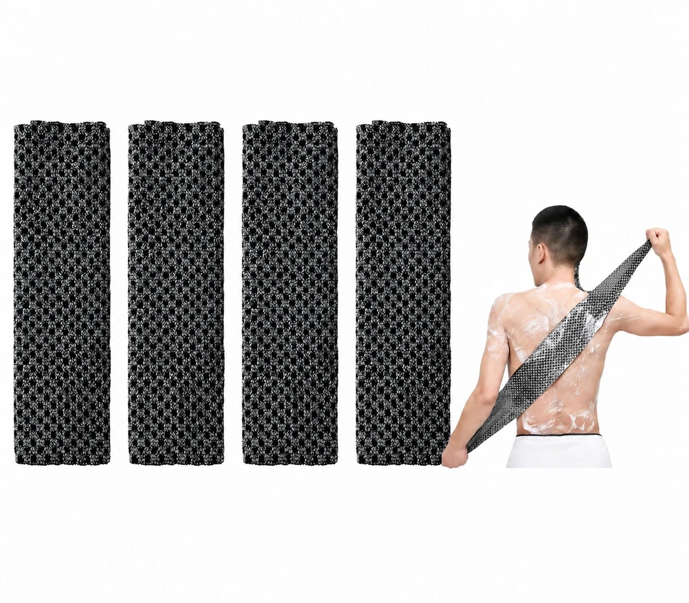 4-teiliges Rückenmassagegerät-set Im Japanischen Stil, Inklusive Peeling-badetuch Und Extra Langem Gesichtshandtuch, Unisex, Schwarz.