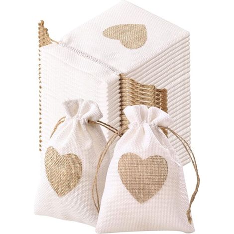 Set Mit 30 Jutesäckchen, 10 X 14 Cm – Beige Mit Herzmuster – Geschenktüten Für Süßigkeiten, Schmuck, Kandierte Mandeln – Wiederverwendbar Und Umweltfreundlich – 30 Stück