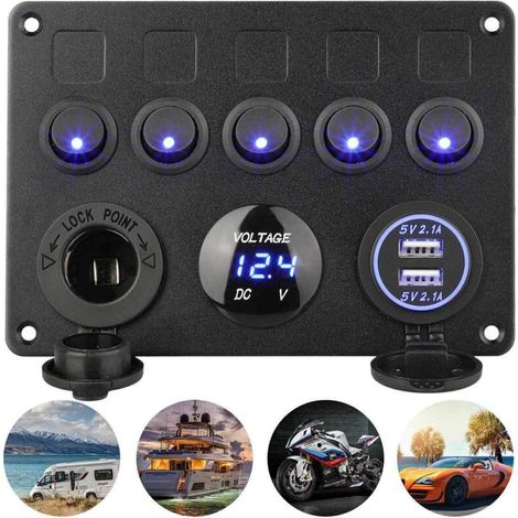 5-fach Ip65 Wasserdichtes Wippschalterfeld – 12v/24v – 2 X 2,1a Usb-anschlüsse – Steuert Elektrische Geräte Für Boote, Autos Und Wohnmobile