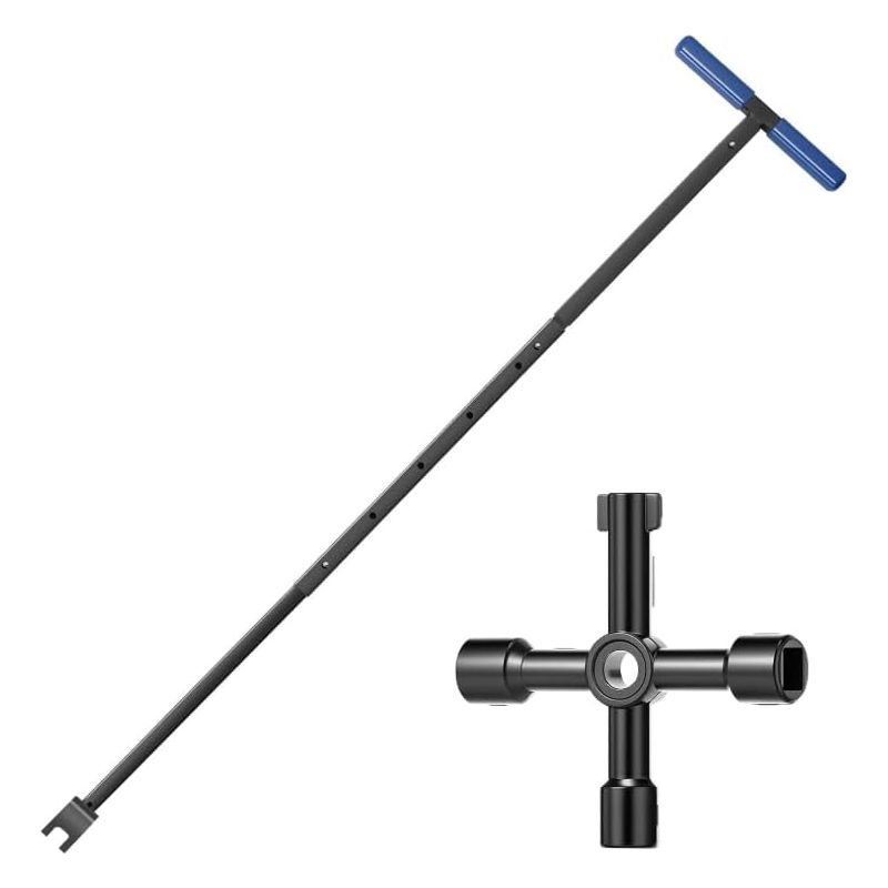 Wasserzählerschlüssel Mit 4-wege-werkzeug, T-griff-wasserzählerschlüssel Aus Stahl, Verstellbare Länge 43 Bis 94 Cm, Universalschlüssel Für Die Wartung Von Wasserleitungen Und Ventilen (blau)