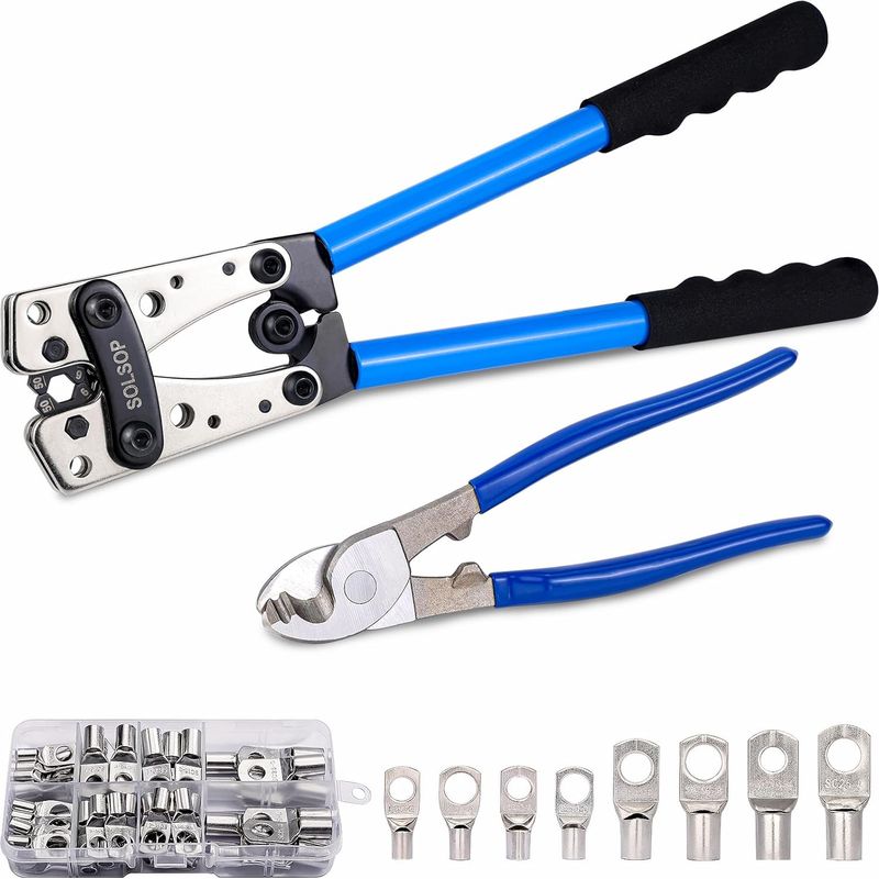Solsop 6–50 Mm² (10–1/0 Awg) Batteriekabel-klemmwerkzeug Für Batteriepole Mit Kupferringklemmen, 60-teilig, 8 Größen, Und Kabelschneider