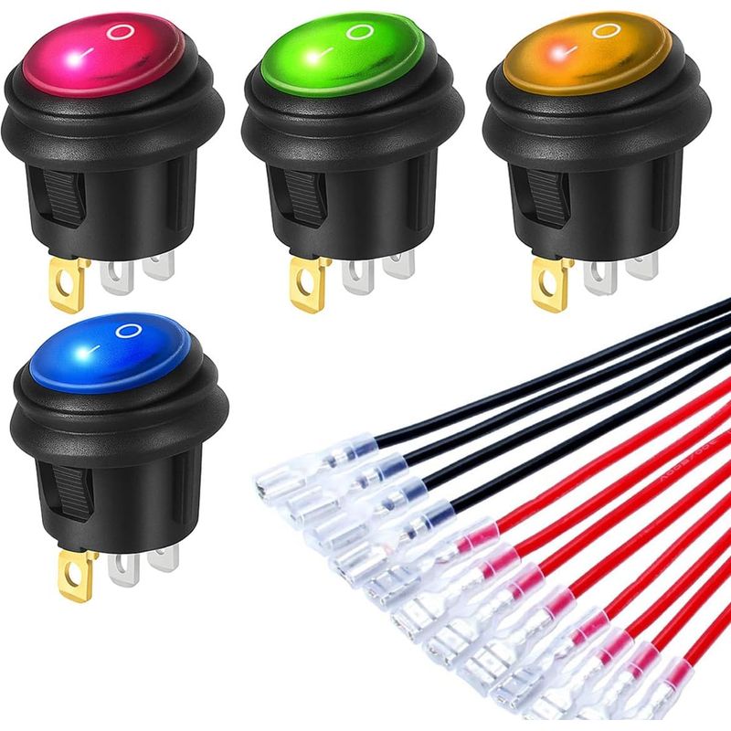 Stück 230v Ac 6a/125v 10a Spst 3-poliger 2-positionen Ein/aus Rot/blau/gelb/grün Led-beleuchteter Wasserdichter Wippschalter (12 Stück Anschlussdrähte)