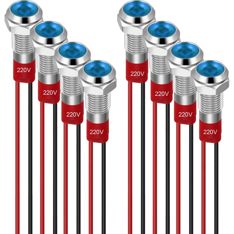 8 Stück 6 Mm Led-anzeigeleuchten, 220–230 V, Wasserdicht, Metall-panel-leuchte, Led-panel-montage, Flachkopf Mit Kabeln, Silbernes Gehäuse, Blau