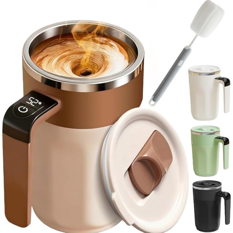 Selbstumrührender Kaffeebecher Mit Temperaturanzeige, Elektrischer Selbstumrührbecher Mit Magnetischer Rührfunktion, Intelligenter Temperaturreglerbecher, Braun
