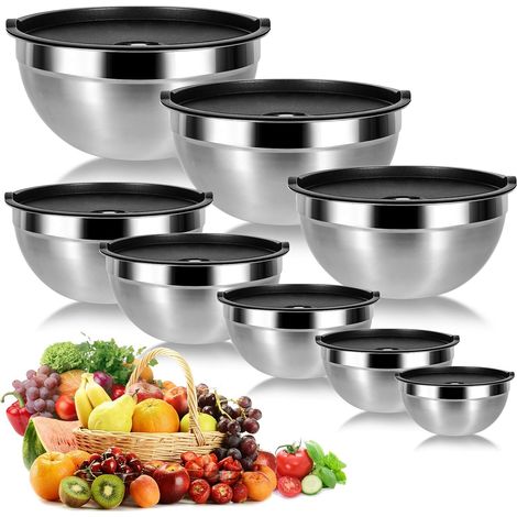 8 Edelstahlschüsseln Mit Deckel, Edelstahl, Stapelbar, Platzsparend, Küche, Essenszubereitung